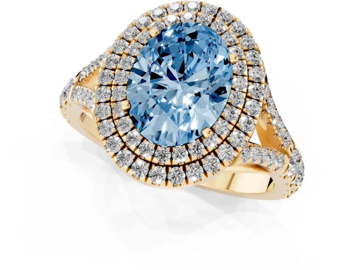 Fancy Blue Oval Cut Cut Double Halo Split Shank Diamond Ring with Prong Setting Yellow gold