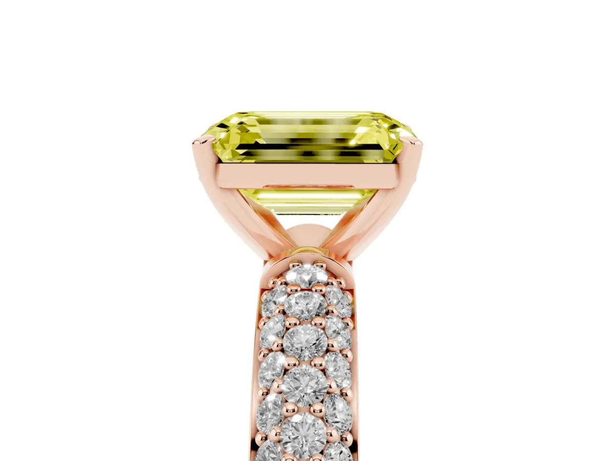 Fancy Yellow Emerald Cut Diamond Solitaire Ring with Prong Setting and Pavé Band Rose gold