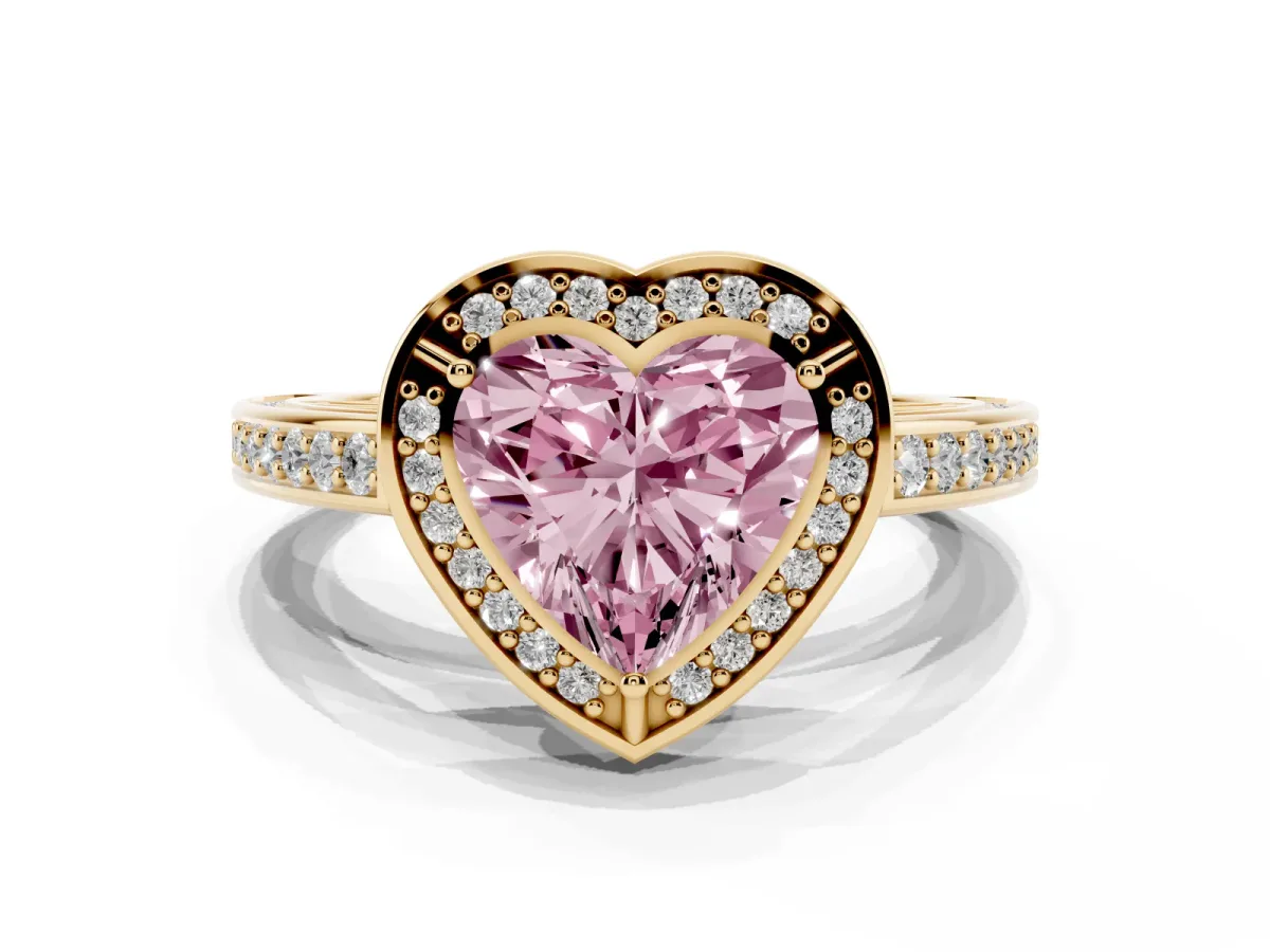 Fancy Pink Heart Cut Cut Halo Pave Split Shank Prong Setting Ring Yellow gold