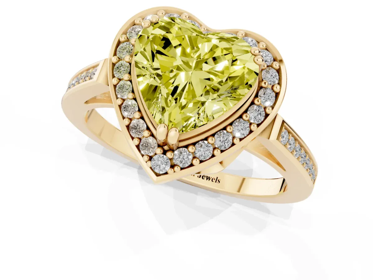 Fancy Yellow Heart Cut Diamond Halo Ring with Split Shank and Four-Prong Setting Yellow gold