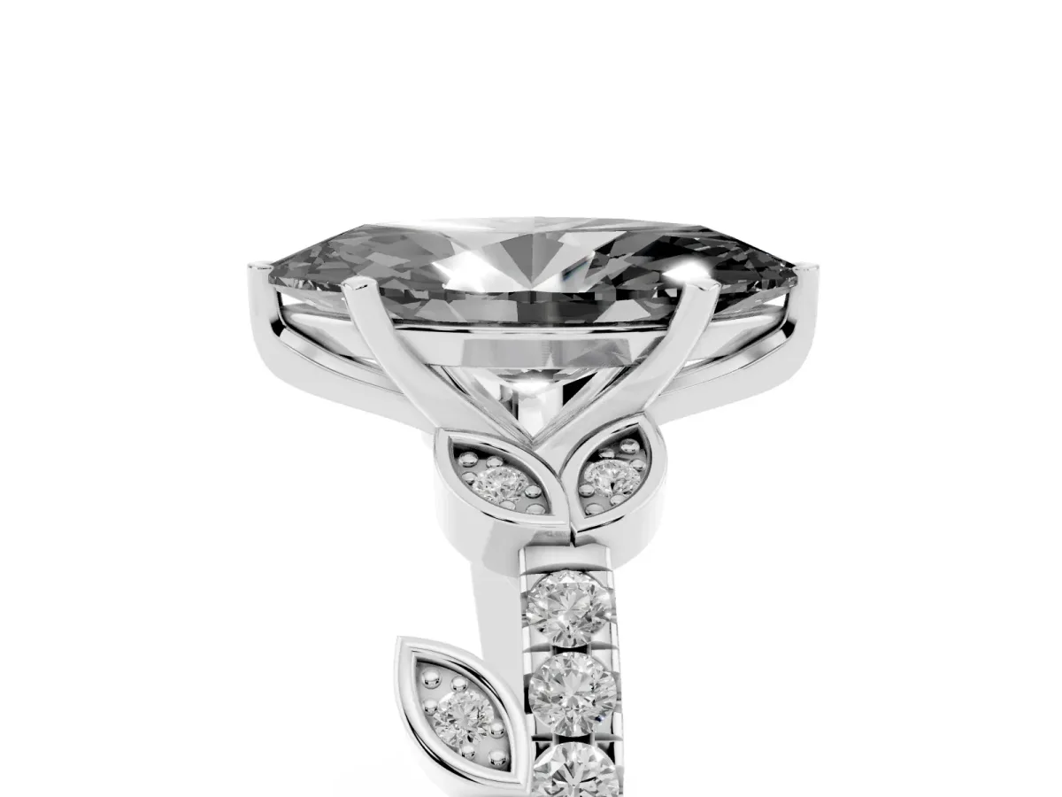 Fancy Black Marquise Cut Solitaire Leaf-Inspired Diamond Ring with Pavé Band and Four-Prong Setting Silver