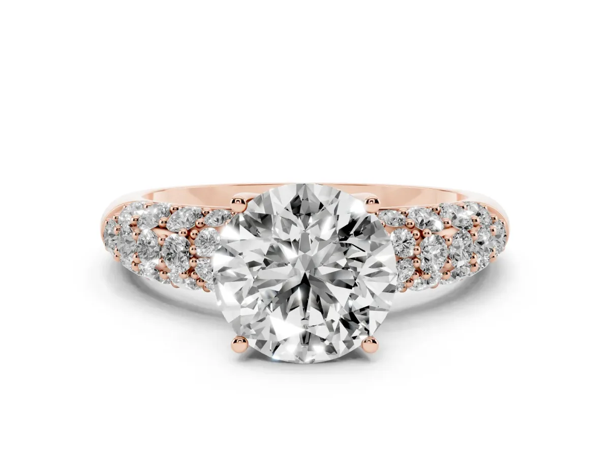 Round Cut Diamond Pavé Band Solitaire Ring with Four-Prong Setting Rose gold