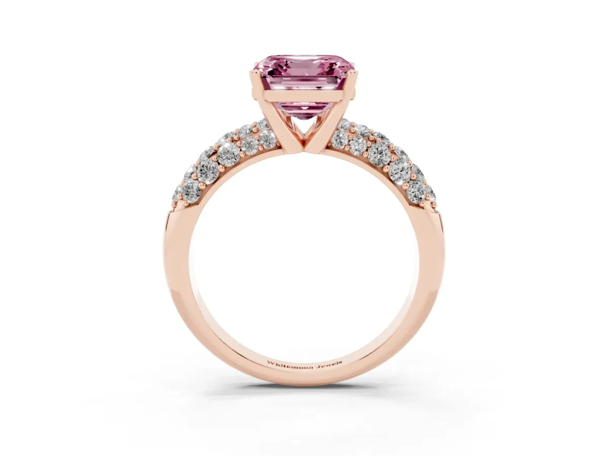 Fancy Pink Asscher Cut Diamond Pavé Band Solitaire Ring with Four-Prong Setting Rose gold