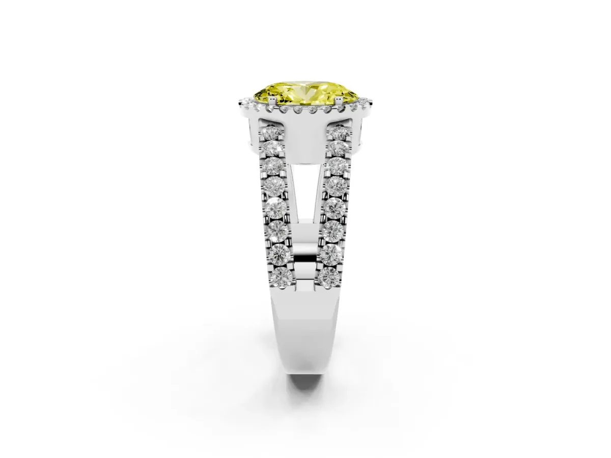 Fancy Yellow Oval Cut Cut Halo Split Shank Diamond Ring with Four-Prong Setting White gold