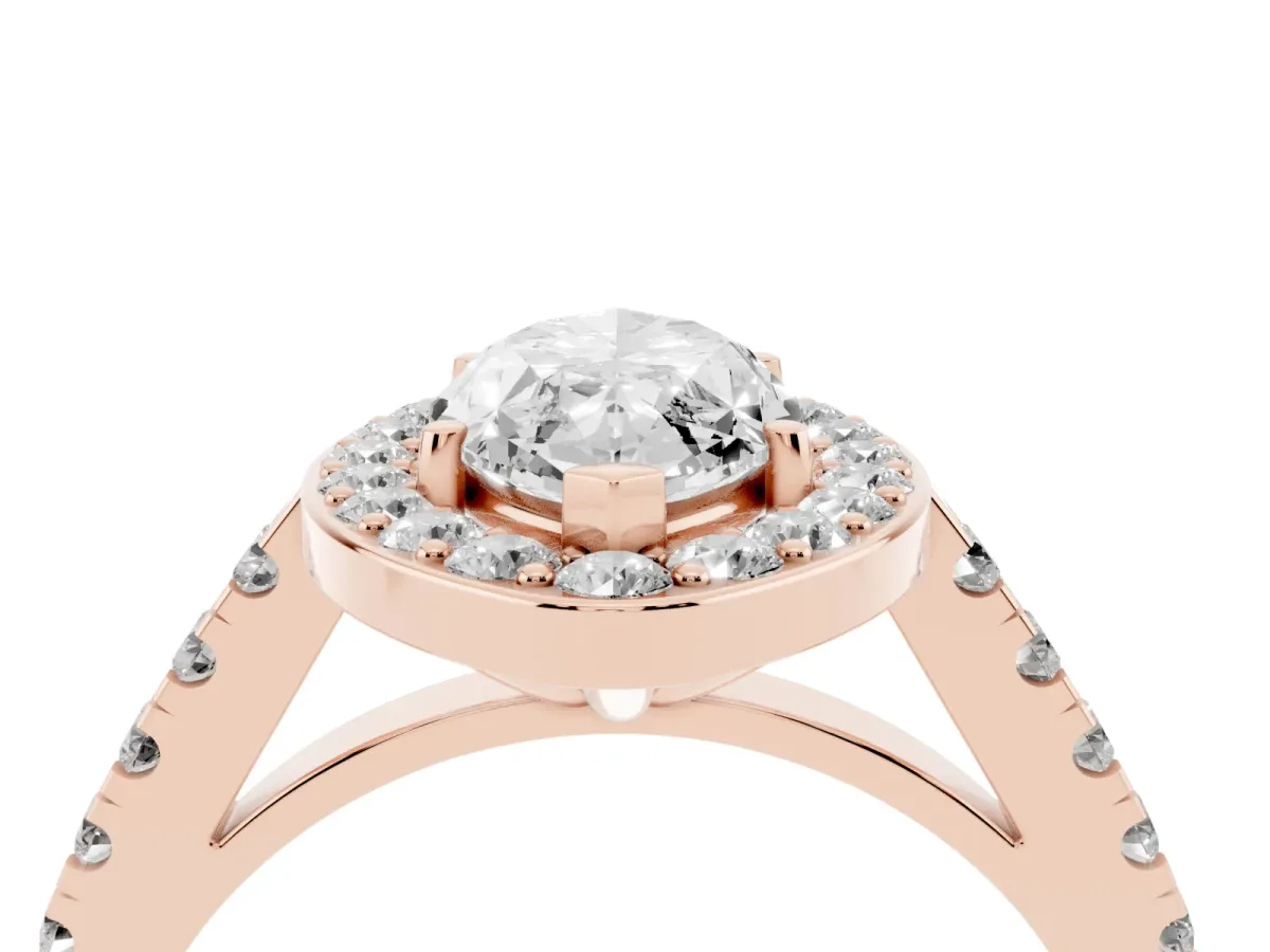 Marquise Cut Diamond Halo Ring with Round Pavé Split Shank and Prong Setting Rose gold