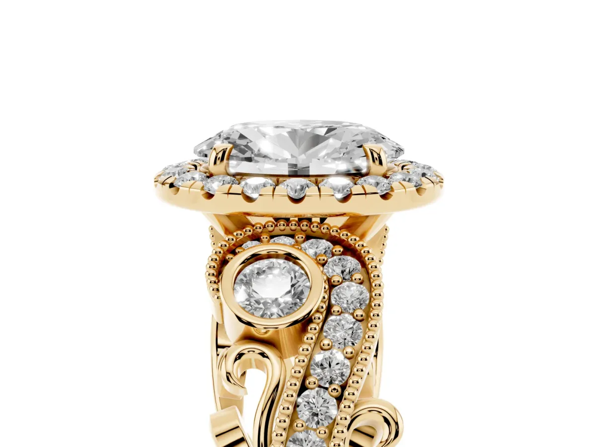 Oval Cut Halo Diamond Ring with Milgrain and Bezel Accents on a Split Shank Band Yellow gold