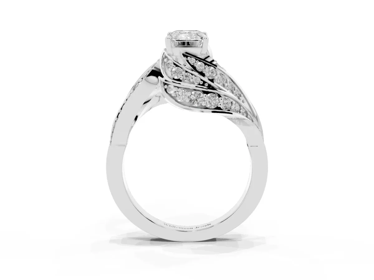 Emerald Cut Diamond Solitaire Ring with Prong Setting and Twisted Pavé Band Silver