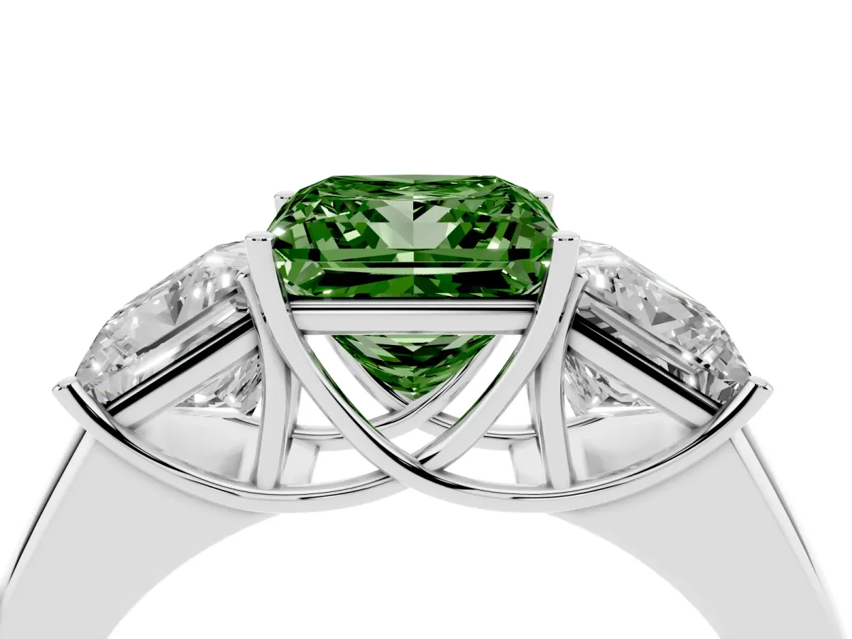 Fancy Green Three-Stone Princess Cut Cut Diamond Ring with Prong Setting and Classic Band Platinum