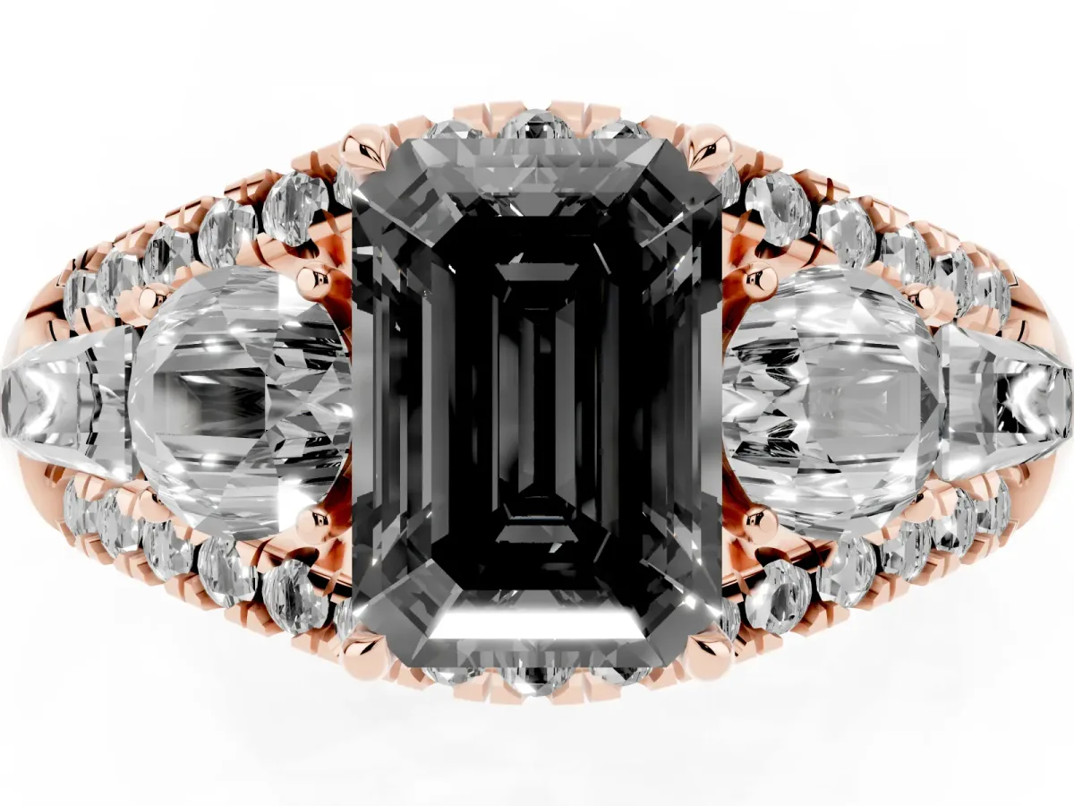 Fancy Black Three-Stone Emerald Cut Diamond Engagement Ring with Pave Band and Prong Setting Rose gold