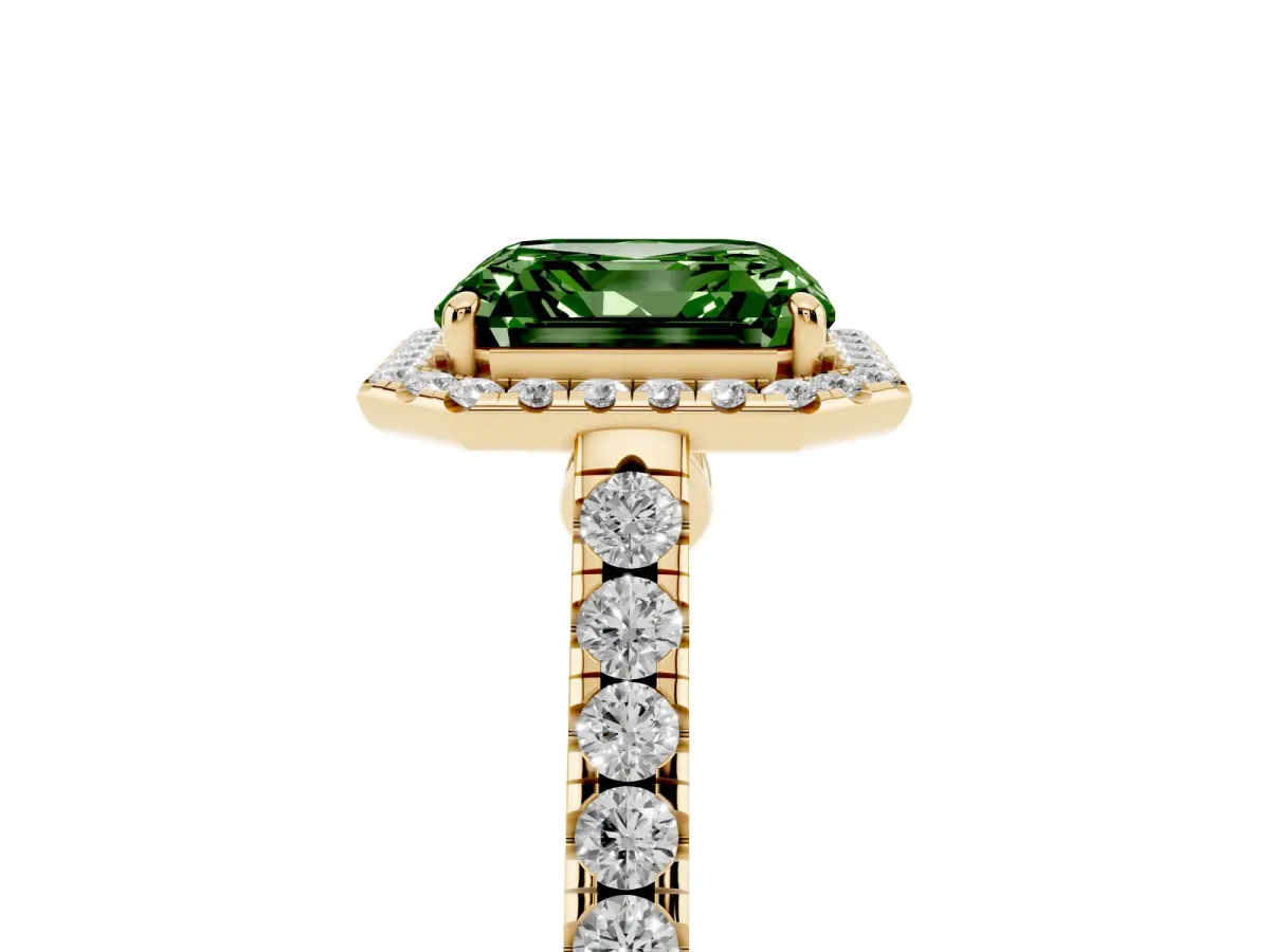 Fancy Green Asscher Cut Halo Pave Diamond Engagement Ring with Four-Prong Setting Yellow gold