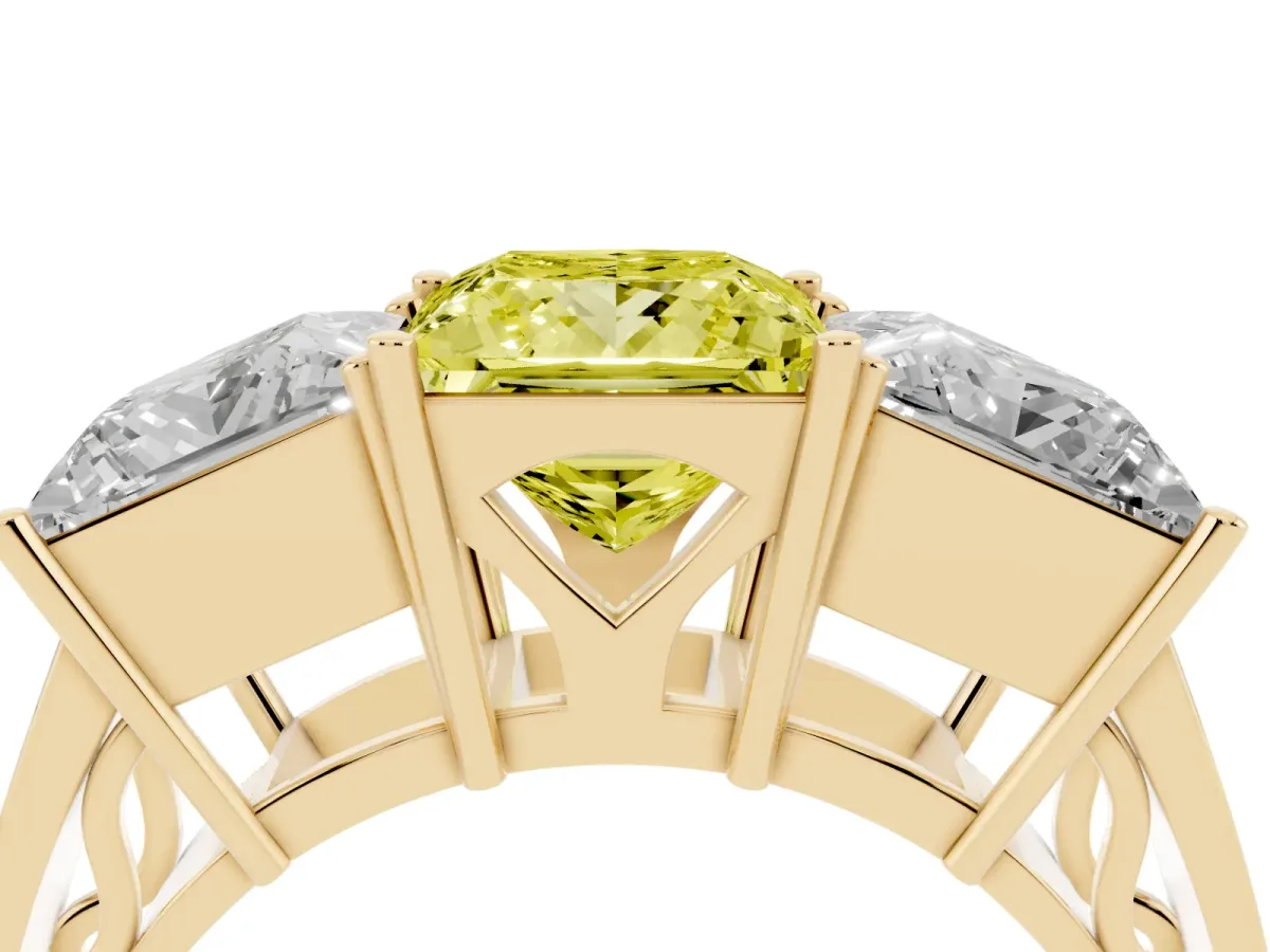 Fancy Yellow Princess Cut Diamond Three-Stone Ring with Prong Setting and Textured Band Yellow gold