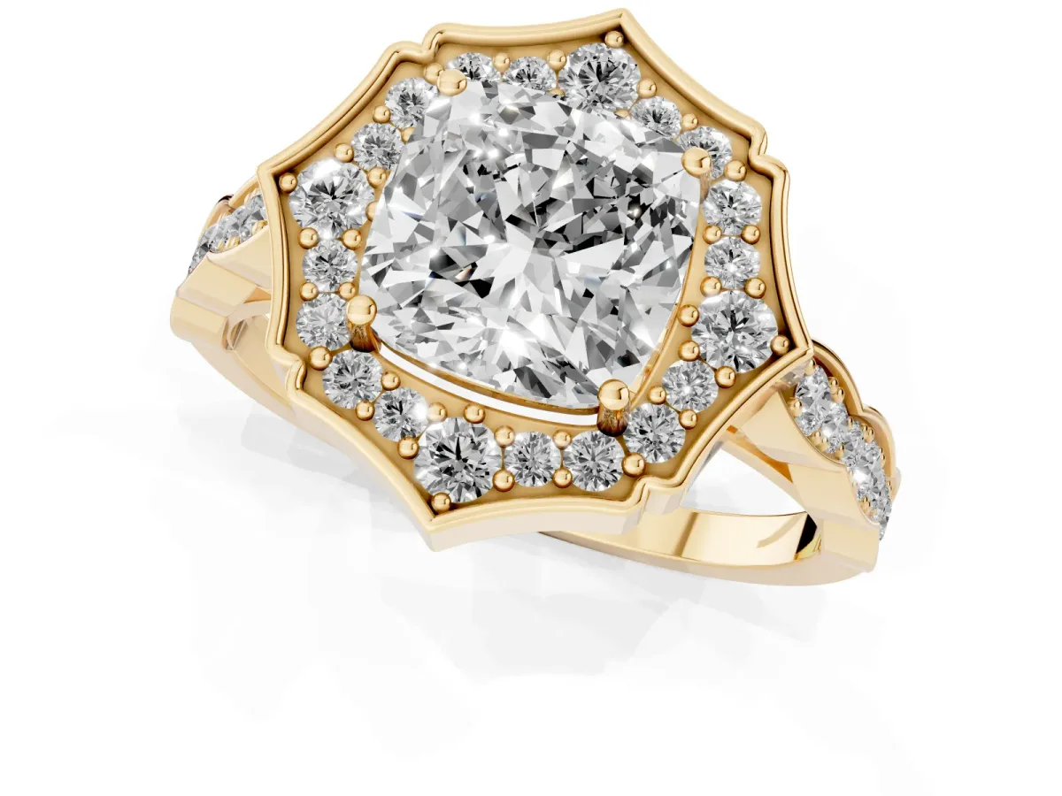 Cushion Cut Halo Diamond Engagement Ring with Milgrain Band and Four-Prong Setting Yellow gold