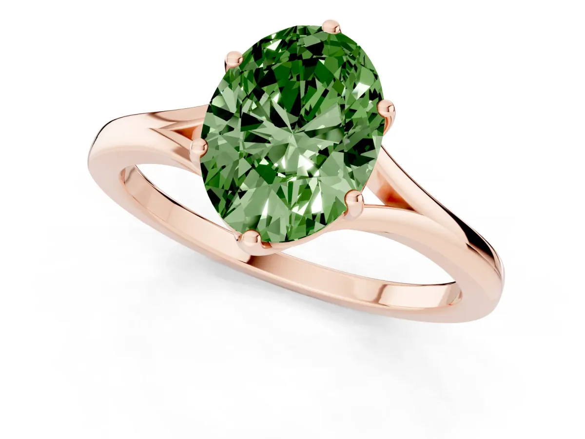 Fancy Green Oval Cut Solitaire Diamond Ring with Six-Prong Setting and Tapered Band Rose gold