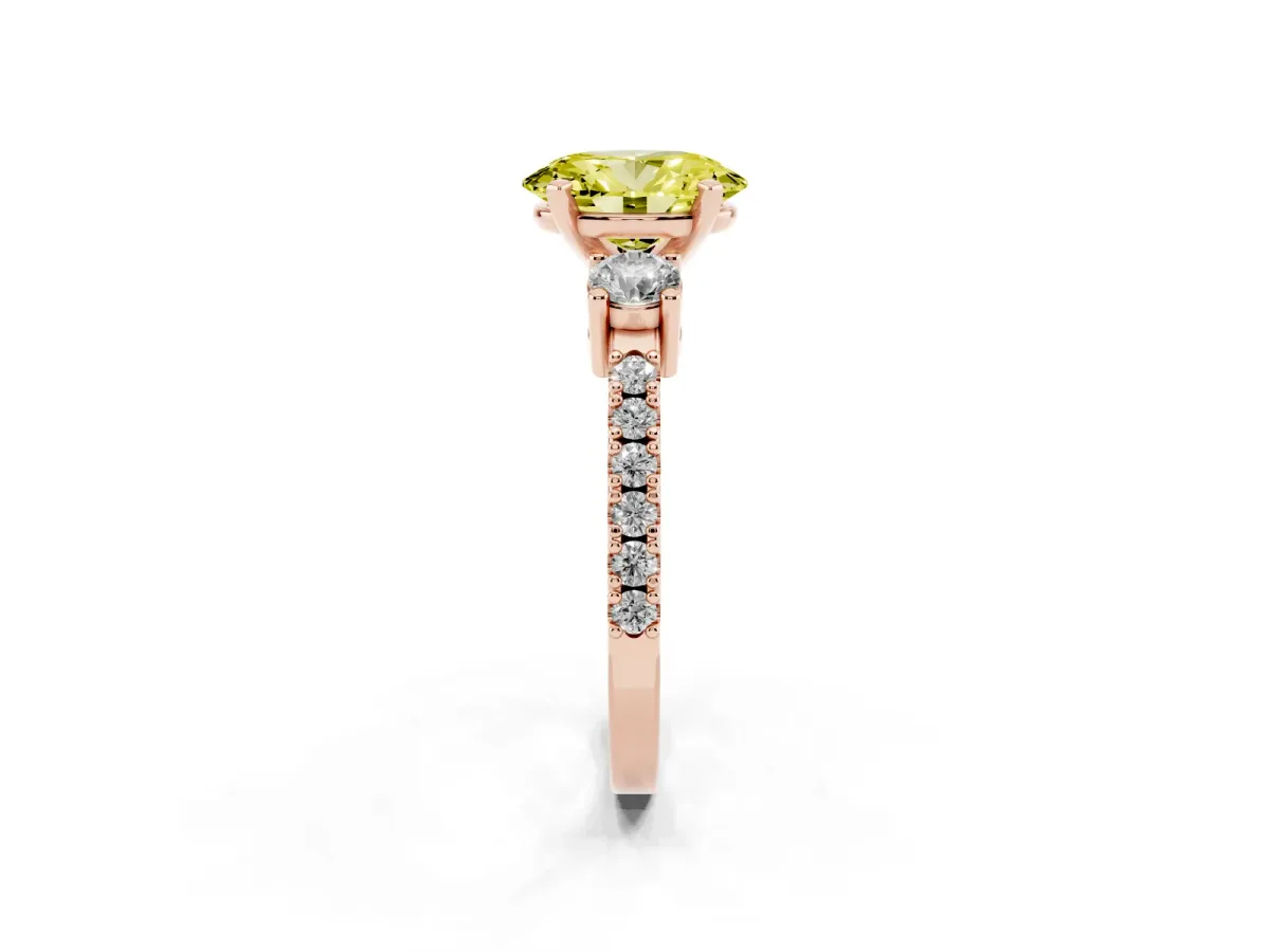 Fancy Yellow Oval Cut Three-Stone Diamond Pavé Band with Prong Setting Rose gold