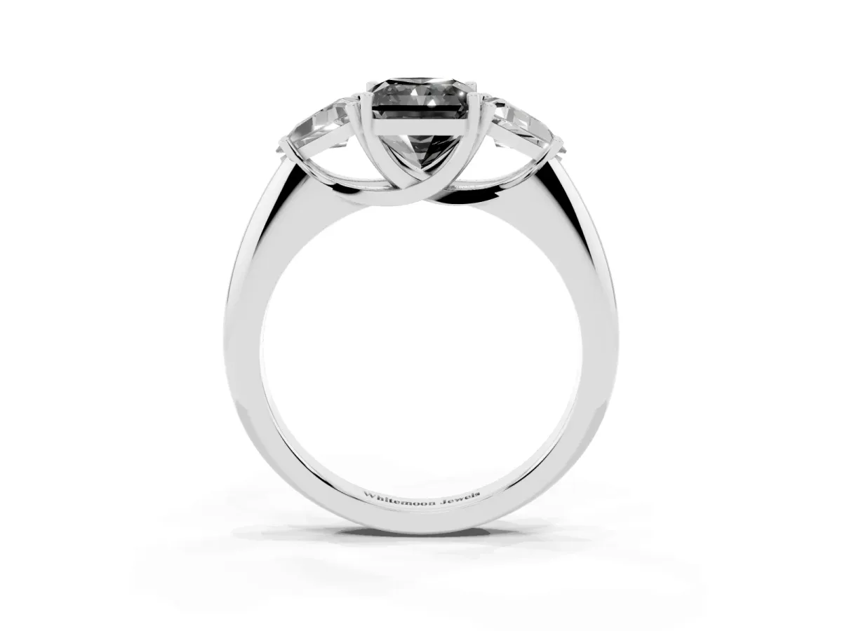 Fancy Black Three-Stone Radiant Cut Diamond Engagement Ring with Trillion Side Stones and Prong Setting Silver