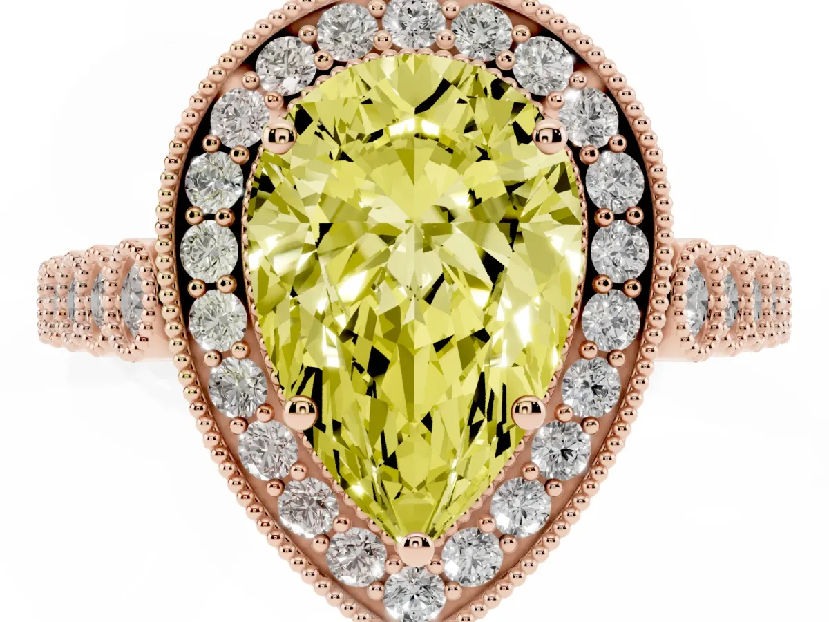 Fancy Yellow Pear Cut Halo Milgrain Solitaire with Bezel Set Side Stones and Pave Band Rose gold