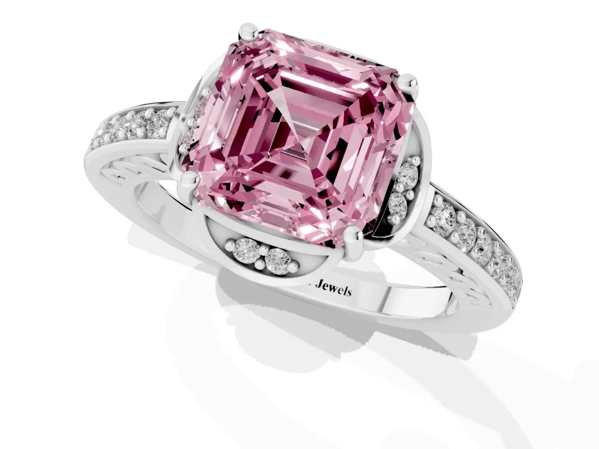 Fancy Pink Asscher Cut Cut Halo Diamond Ring with Channel Set Band and Four-Prong Setting White gold