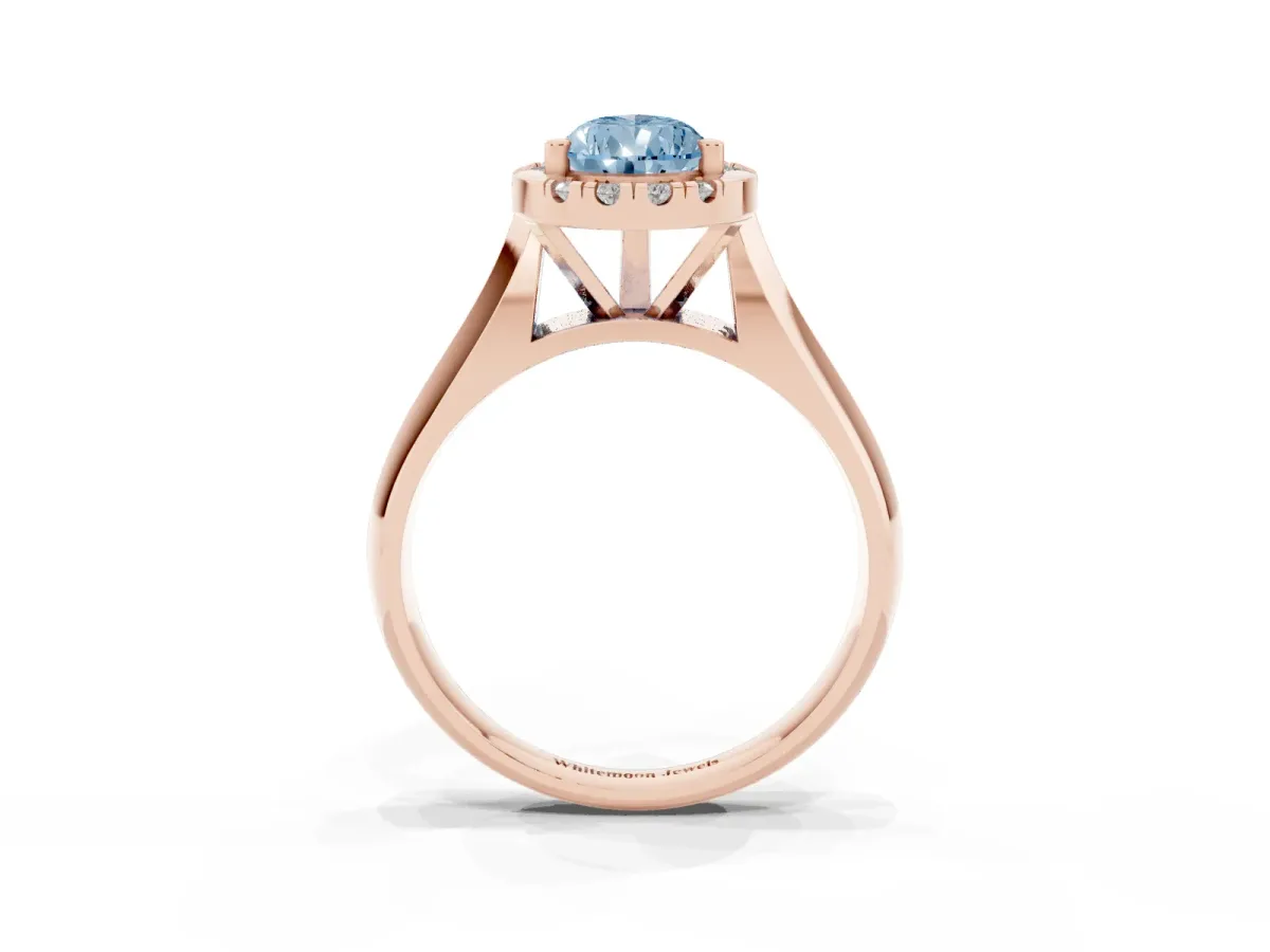Fancy Blue Pear Cut Cut Halo Solitaire Engagement Ring with Square Band and Four-Prong Setting Rose gold
