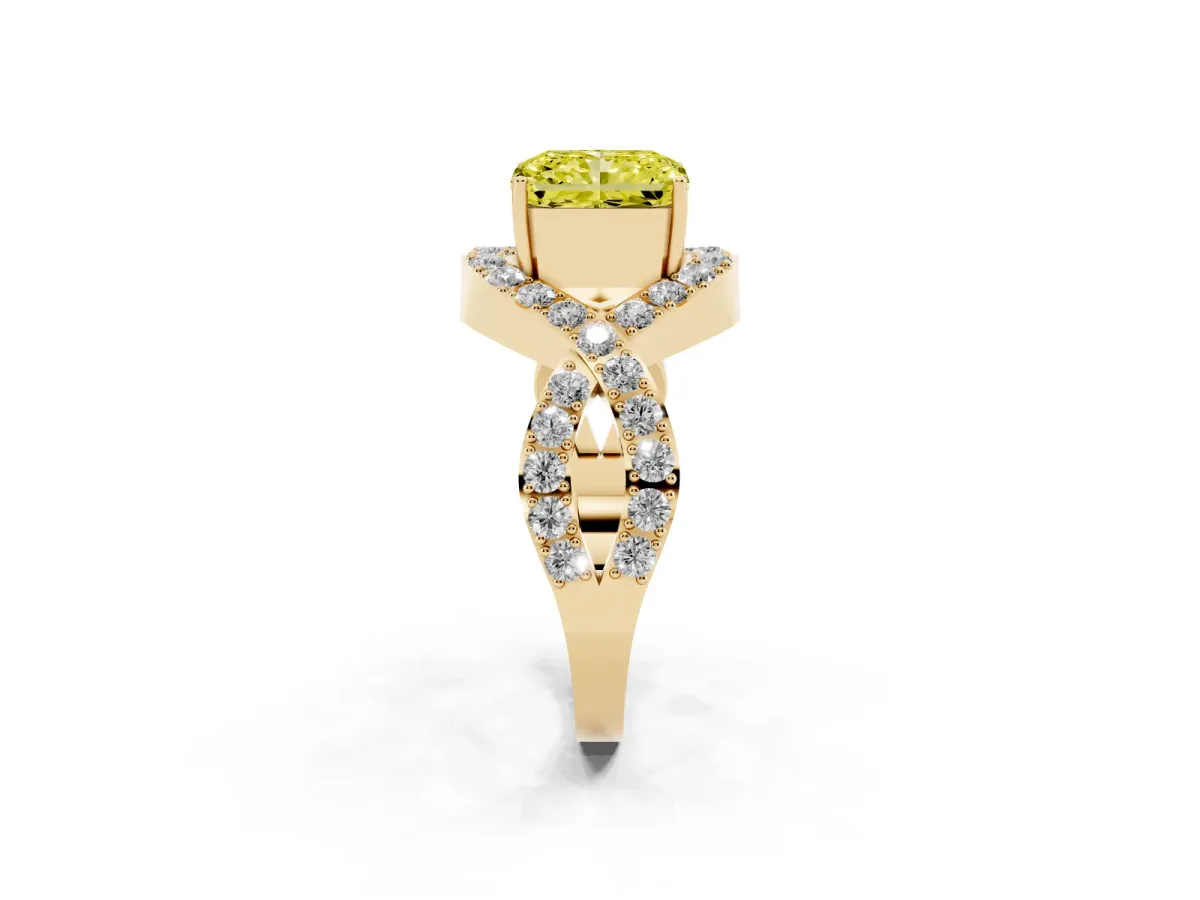 Fancy Yellow Radiant Cut Solitaire Twist Band Pavé Diamond Engagement Ring Yellow gold
