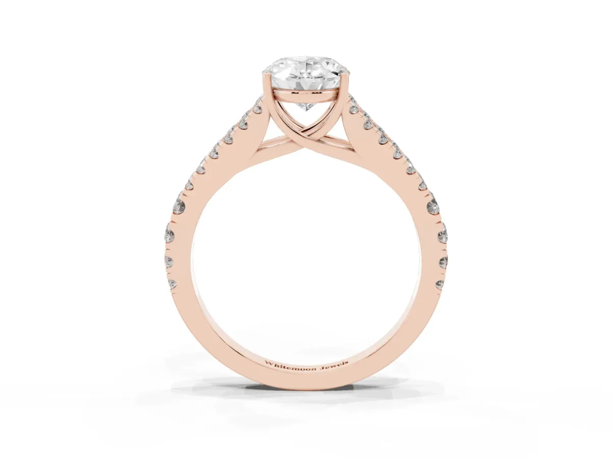 Oval Cut Diamond Split Shank Pavé Engagement Ring with Four-Prong Setting Rose gold