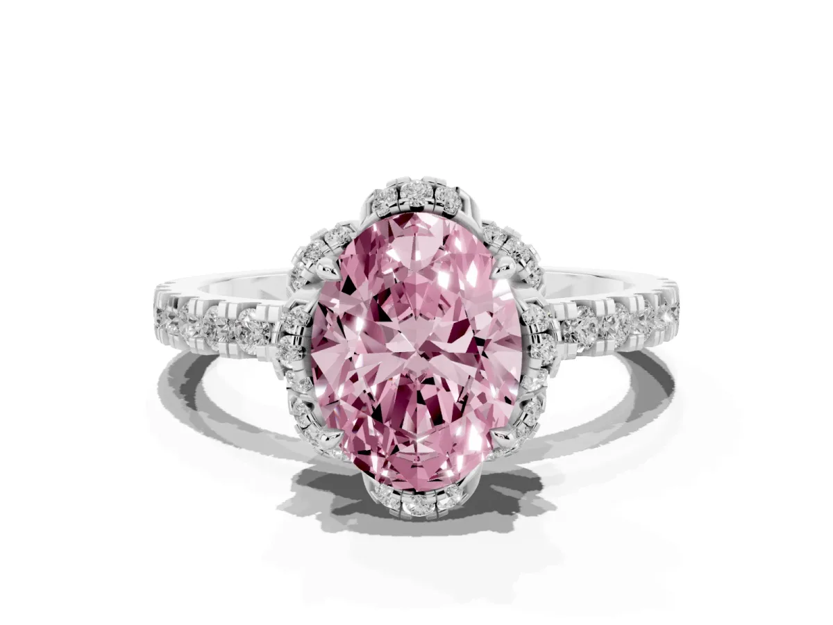 Fancy Pink Oval Cut Diamond Halo Pave Band with Four-Prong Setting Silver