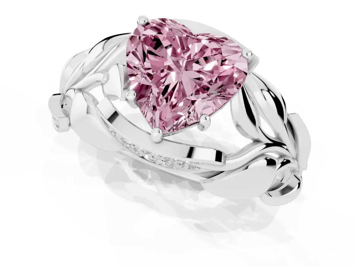 Fancy Pink Heart Cut Diamond Leaf-Inspired Engagement Ring with Round Accents and Prong Setting White gold