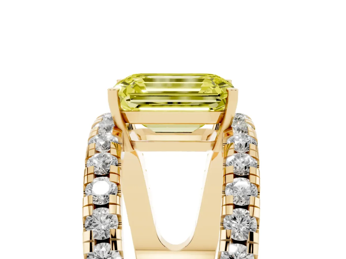 Fancy Yellow Emerald Cut Solitaire Split Shank Pave Diamond Ring Yellow gold
