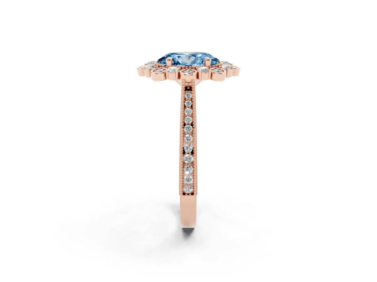 Fancy Blue Oval Cut Halo Milgrain Pave Diamond Ring with Four-Prong Setting Rose gold