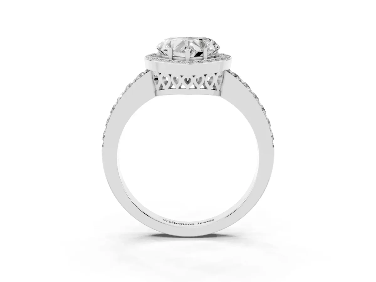 Heart Cut Halo Diamond Pavé Band Ring with Prong Setting Platinum