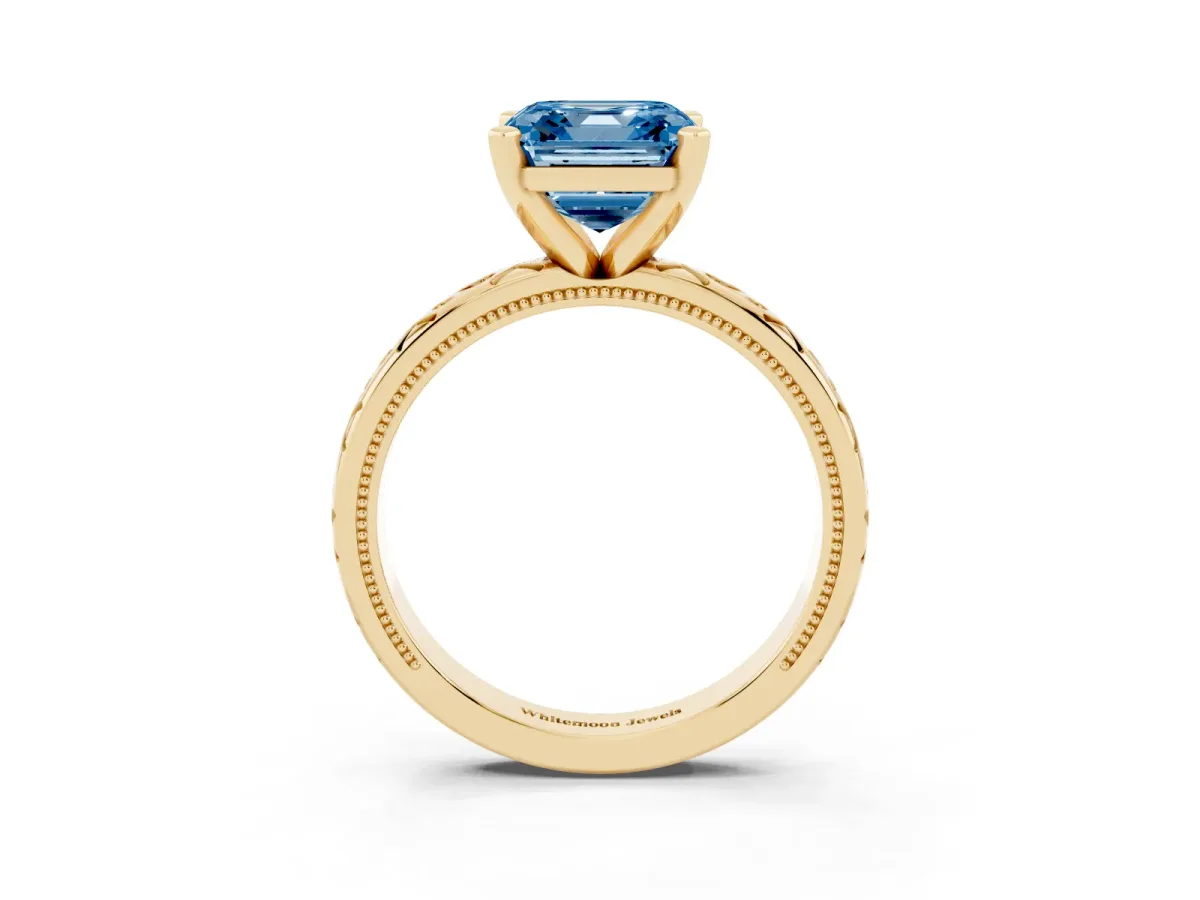 Fancy Blue Asscher Cut Solitaire Engagement Ring with Scrollwork Band and Four-Prong Setting Yellow gold