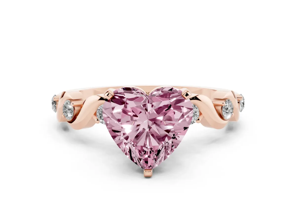 Fancy Pink Heart Cut Diamond Solitaire Twisted Band with Round Accents and Prong Setting Rose gold