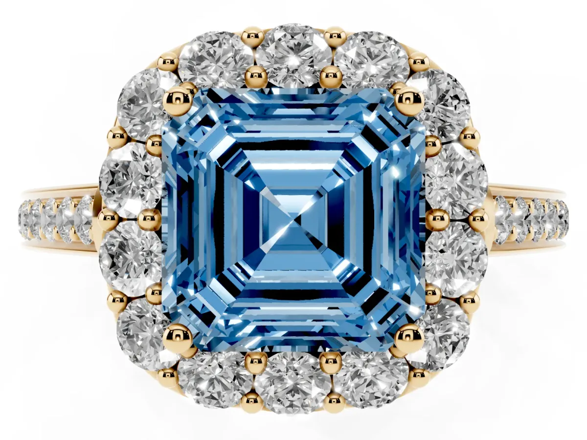 Fancy Blue Asscher Cut Diamond Floral Halo Ring with Pavé Band and Prong Setting Yellow gold