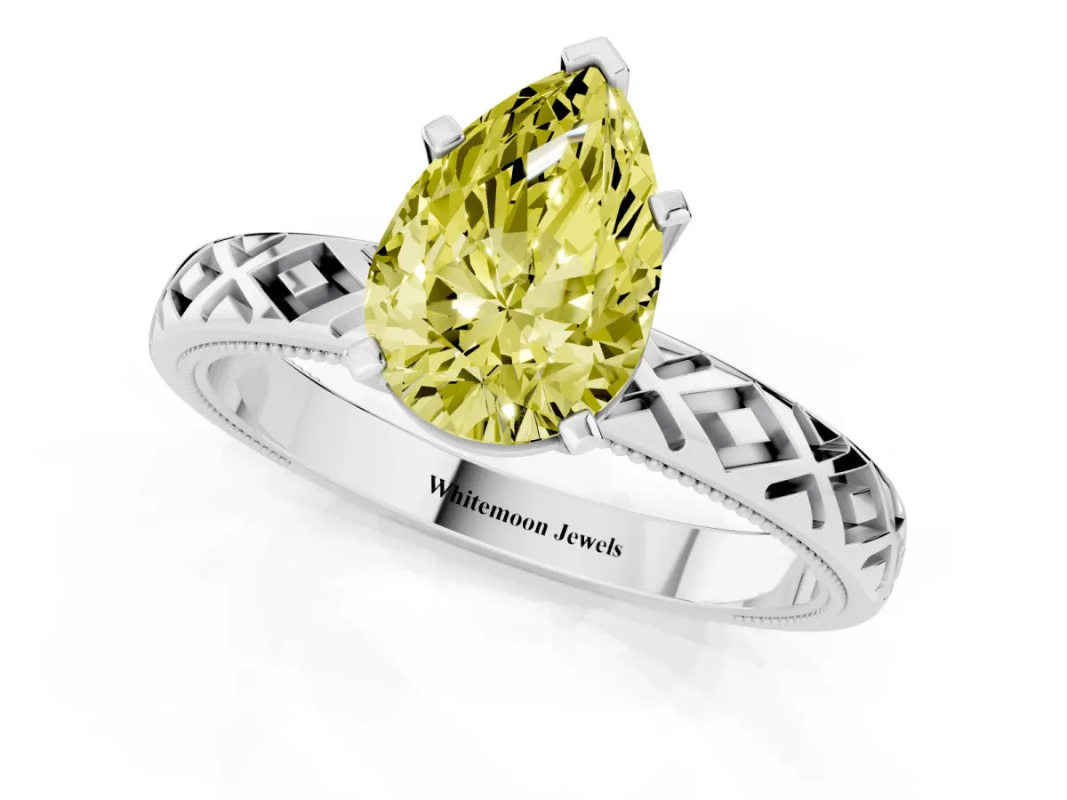 Fancy Yellow Pear Cut Solitaire Diamond Ring with Milgrain and Black Enamel X Pattern Band Silver
