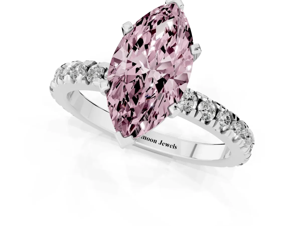Fancy Pink Marquise Cut Diamond Pavé Band Solitaire with Four-Prong Setting Silver