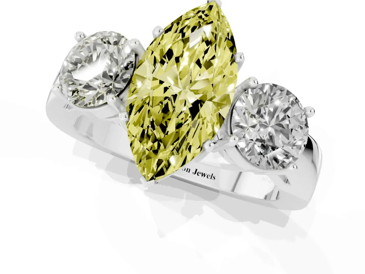 Fancy Yellow Three-Stone Marquise Cut Diamond Ring with Round Side Stones, Classic Band, and Four-Prong Setting White gold