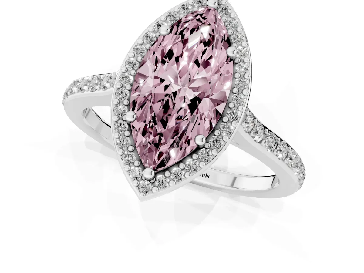 Fancy Pink Marquise Cut Diamond Halo Engagement Ring with Round Pavé Shoulders and Prong Setting Silver