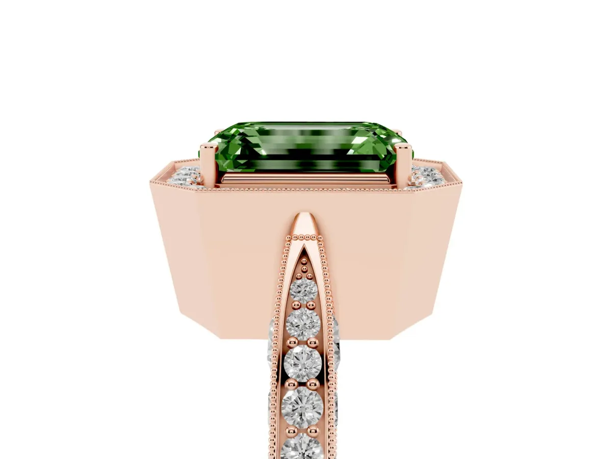 Fancy Green Emerald Cut Halo Diamond Engagement Ring with Split Shank Band and Four-Prong Setting Rose gold