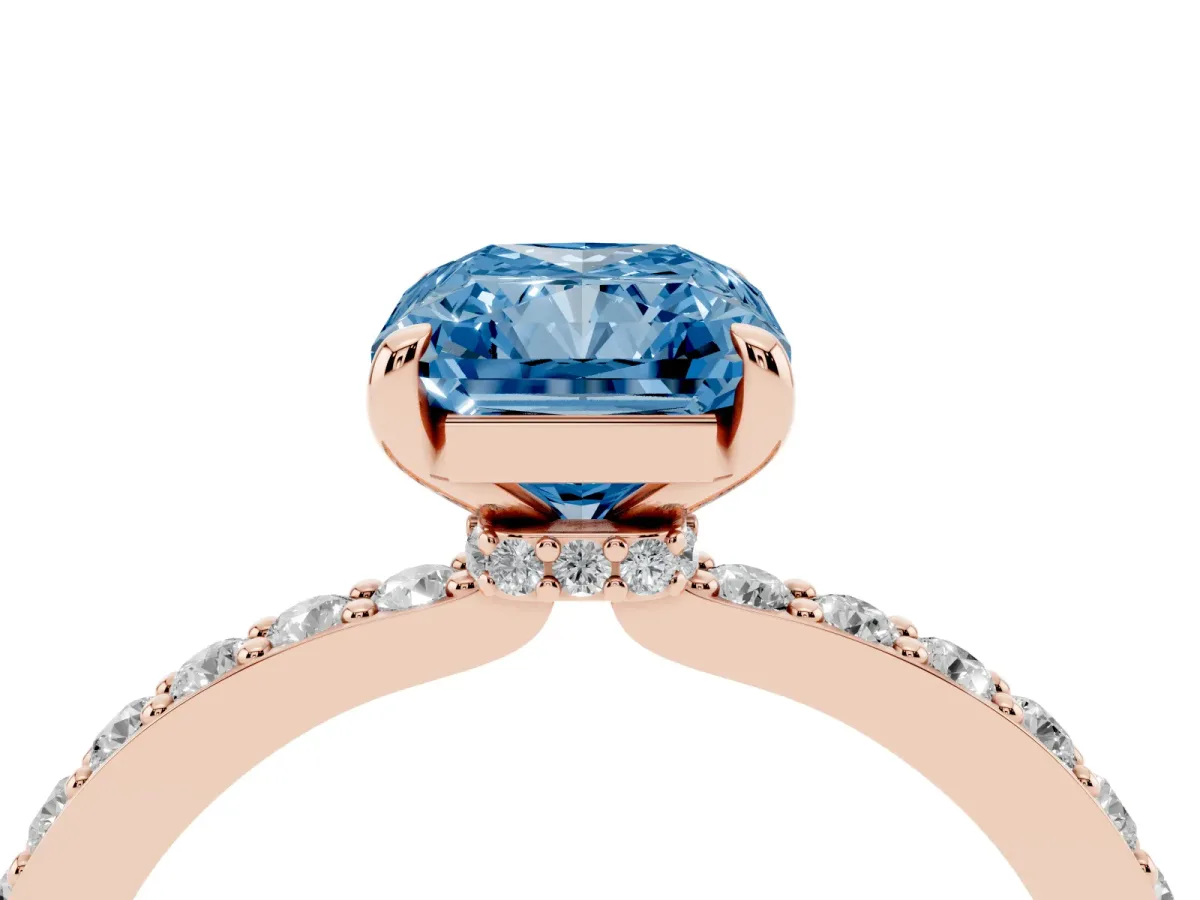 Fancy Blue Radiant Cut Diamond Pavé Engagement Ring with Round Accents and Prong Setting Rose gold