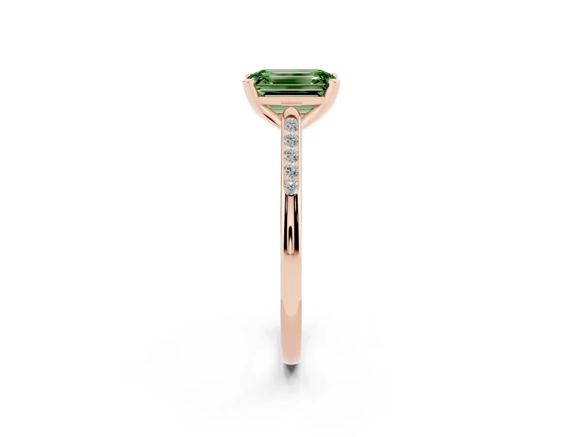 Fancy Green Emerald Cut Diamond Solitaire Ring with Channel Set Round Band and Prong Setting Rose gold