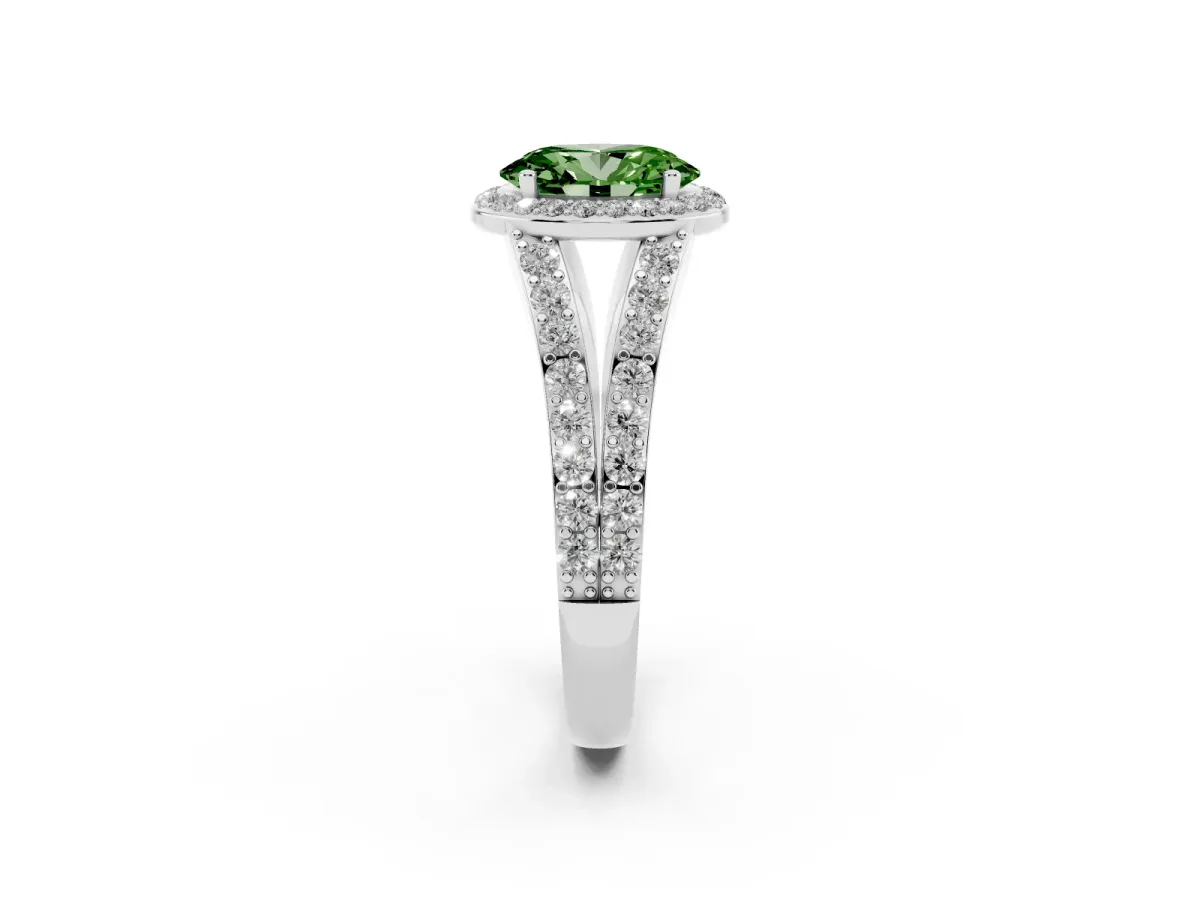 Fancy Green Oval Cut Diamond Split Shank Halo Ring with Four-Prong Setting Silver