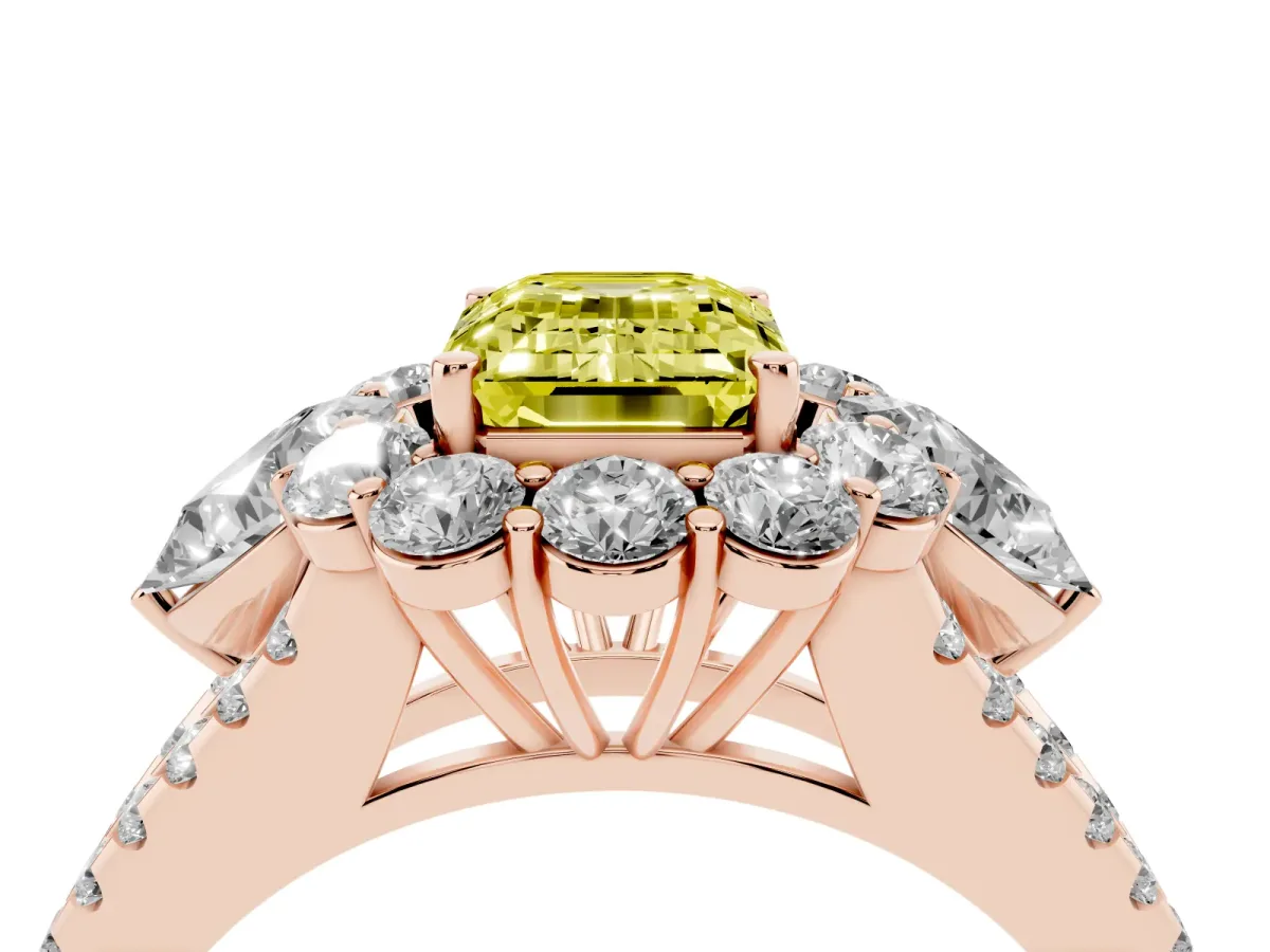 Fancy Yellow Emerald Cut Halo Split Shank Diamond Engagement Ring with Prong Setting Rose gold