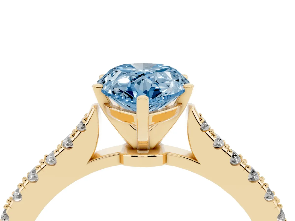 Fancy Blue Pear Cut Cut Solitaire Diamond Engagement Ring with Pave Band and Four-Prong Setting Yellow gold