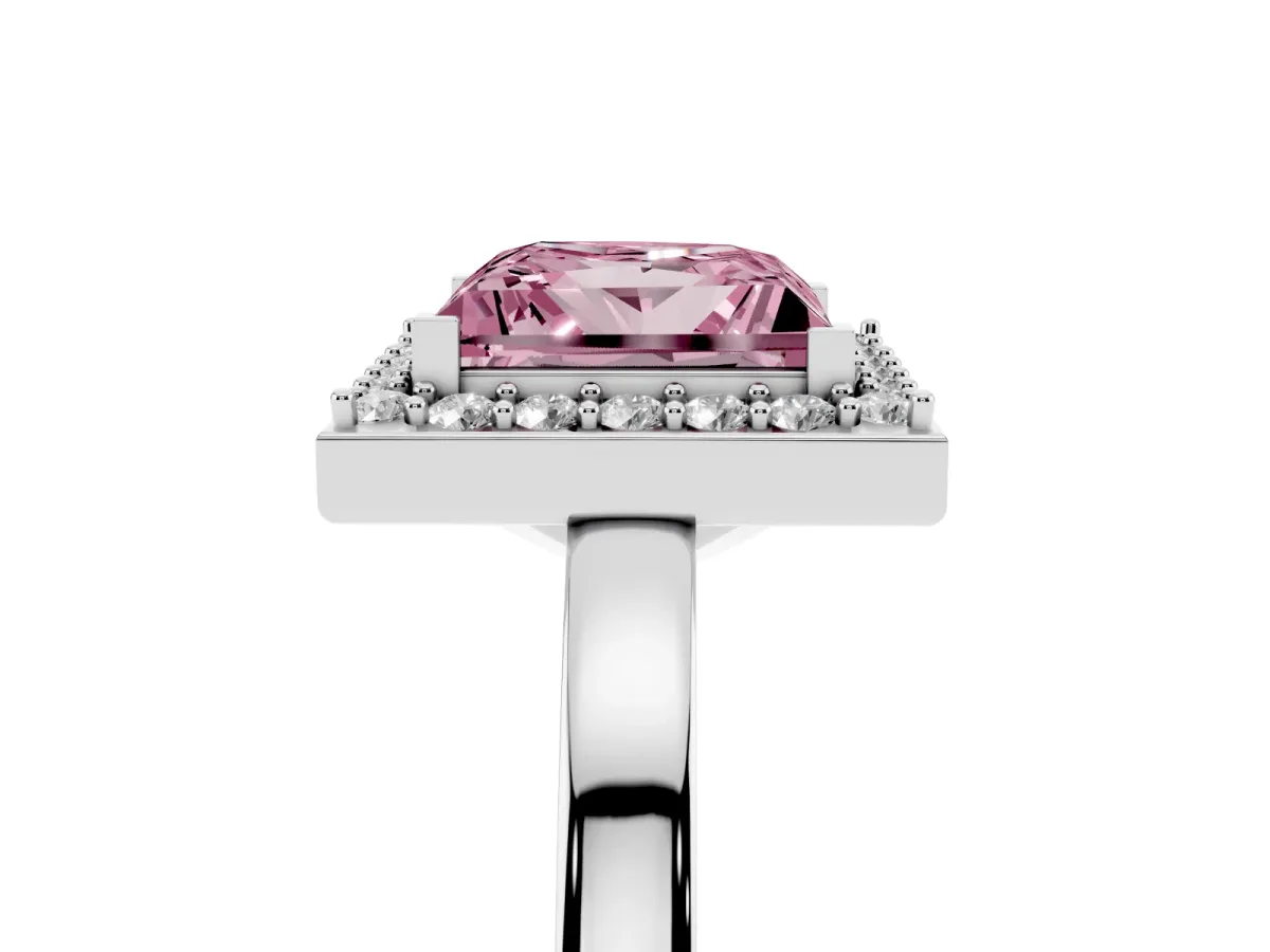Fancy Pink Princess Cut Halo Diamond Ring with Solitaire Band and Prong Setting Platinum
