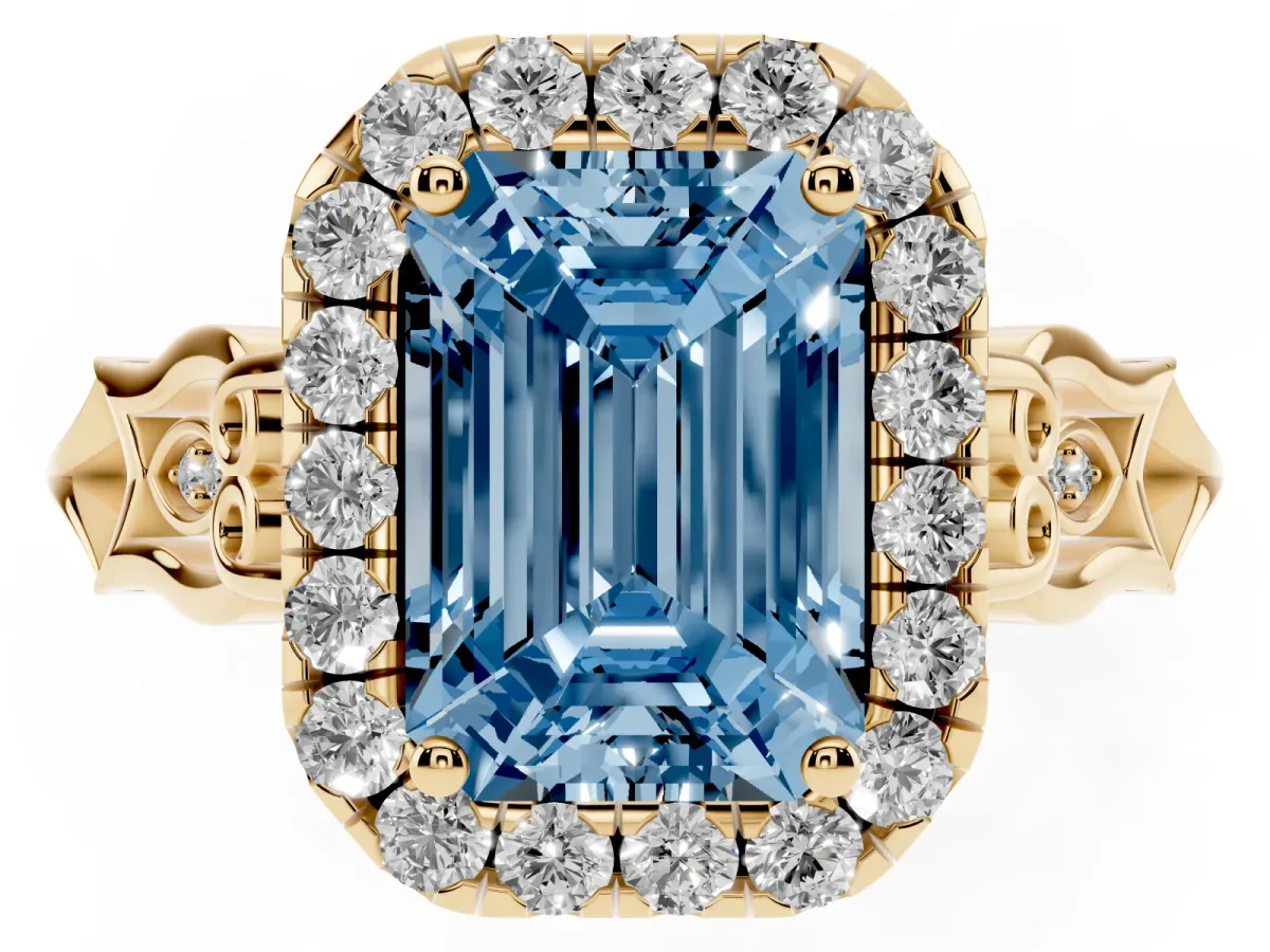 Fancy Blue Emerald Cut Halo Diamond Engagement Ring with Filigree Band and Four-Prong Setting Yellow gold