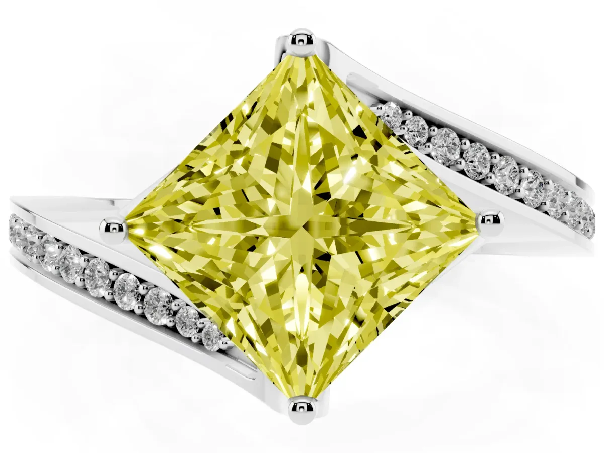 Fancy Yellow Princess Cut Solitaire Diamond Twist Band with Pavé Setting and Four-Prong Setting White gold