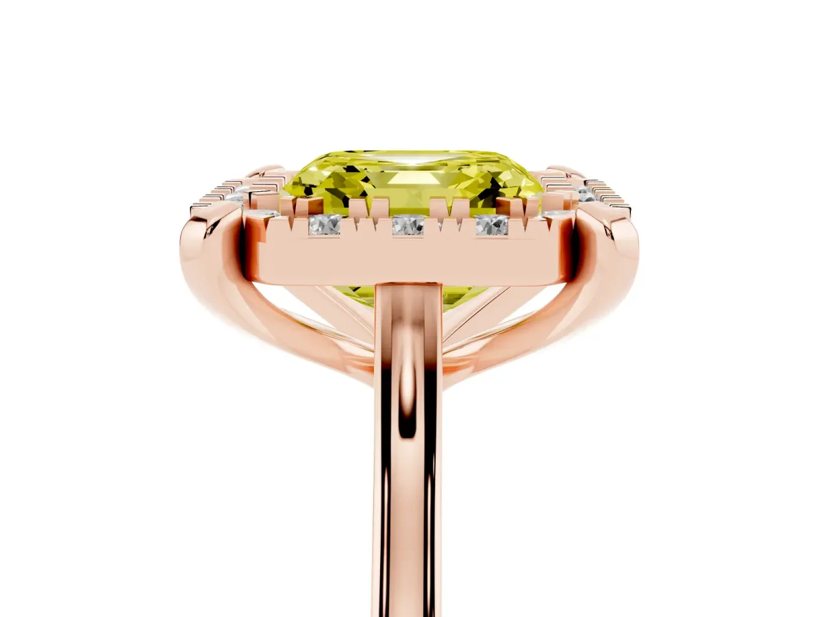 Fancy Yellow Asscher Cut Diamond Cluster Halo Solitaire with Four-Prong Setting Rose gold