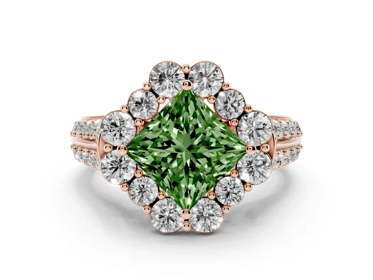 Fancy Green Princess Cut Halo Diamond Engagement Ring with Split Shank and Prong Setting Rose gold