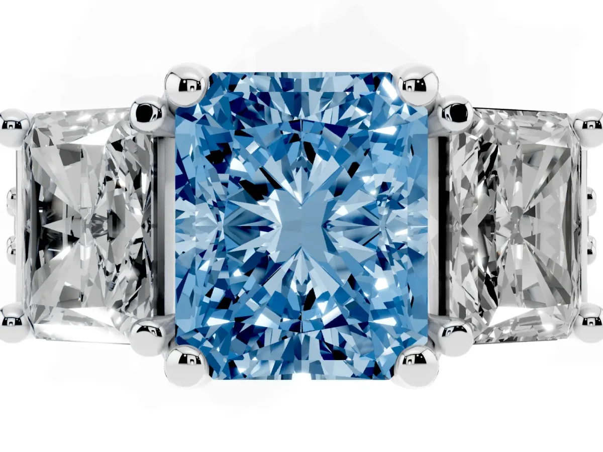 Fancy Blue Radiant Cut Diamond Three-Stone Ring with Channel Set Band and Four-Prong Setting Silver