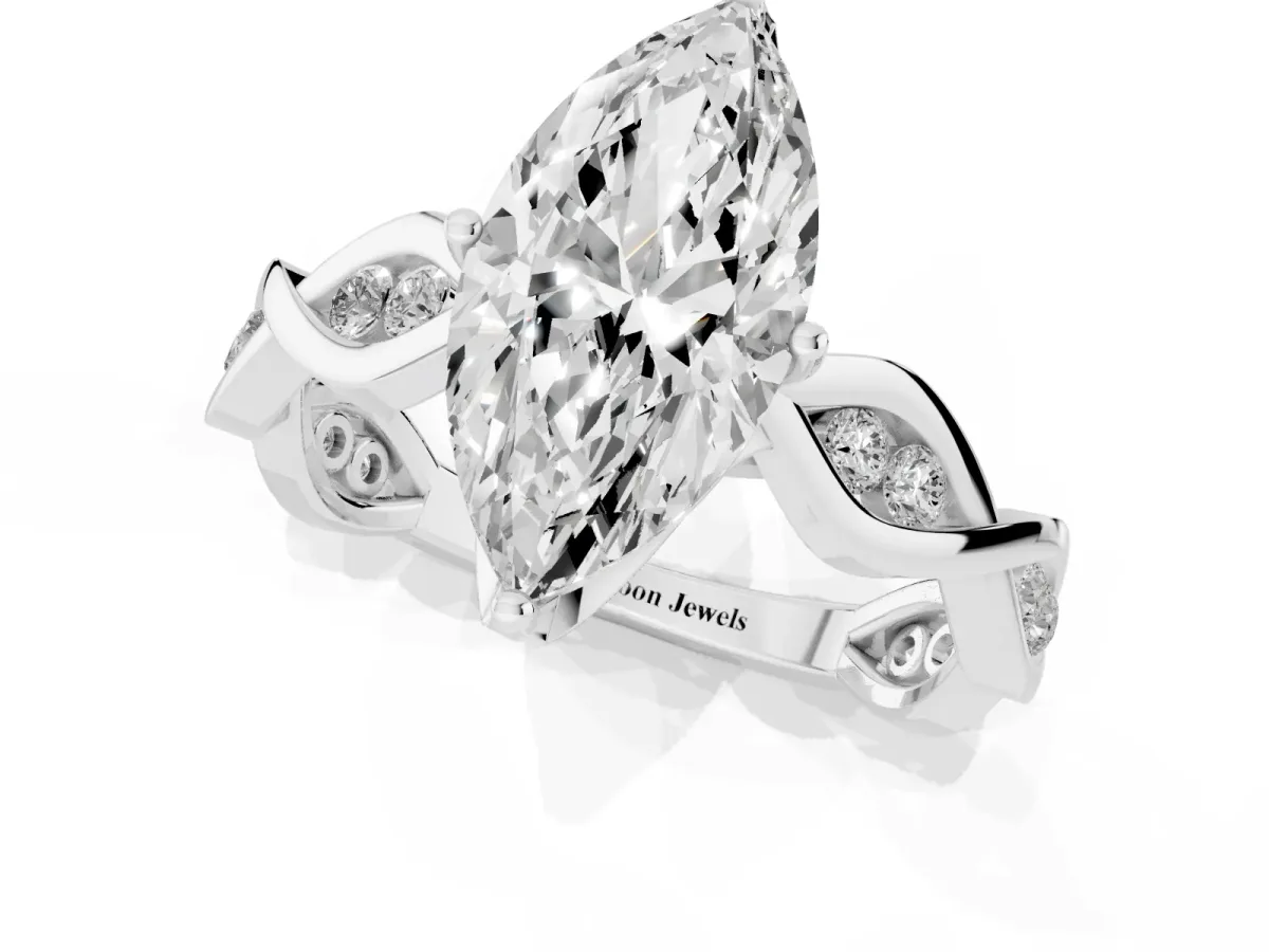 Marquise Cut Solitaire Twist Band with Leaf Prong Setting Silver