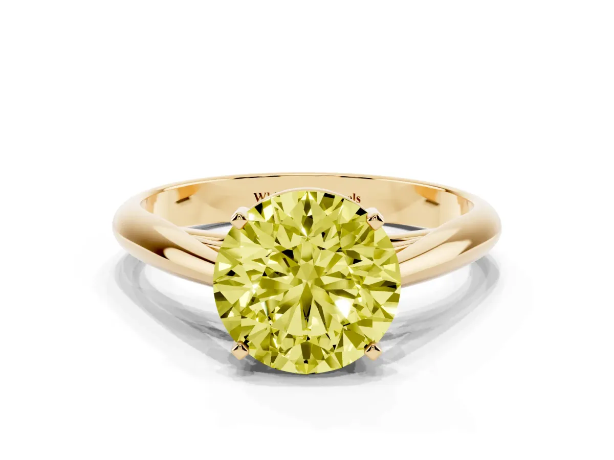 Fancy Yellow Round Cut Diamond Solitaire Engagement Ring with Cathedral Setting and Four-Prong Mount Yellow gold